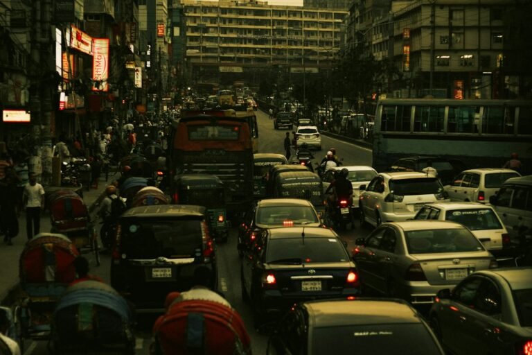 Heavy traffic on a busy Dhaka street