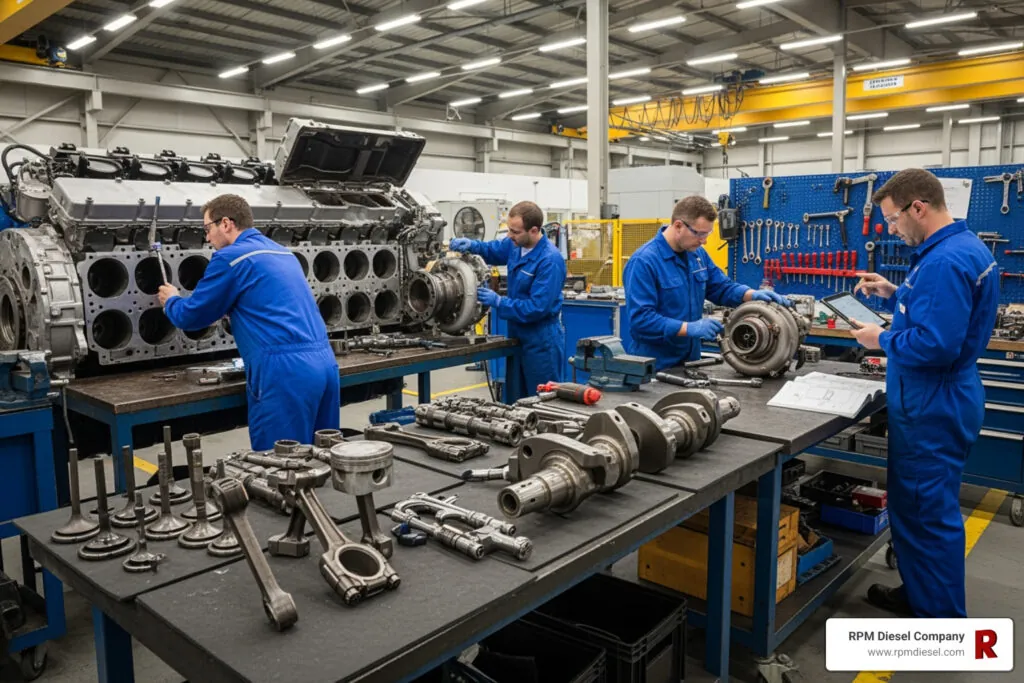 Partially reassembled engine on a rolling stand inside a mechanic workshop.